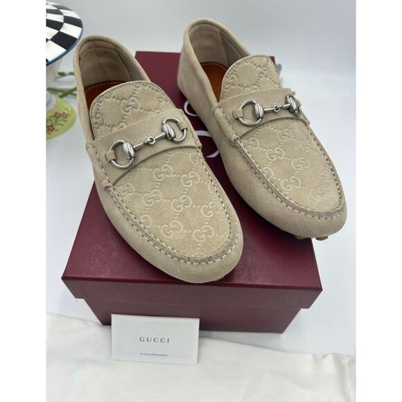 Men\'s Gucci suede oatmeal GG embossed driver loafers size 8 fits 8.5 US main image 11